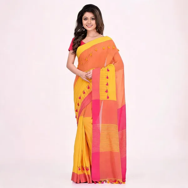 Yellow_Pink_Cotton_Striped_Pompom_Saree_For_Women