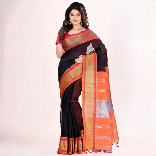 Black_Orange_Cotton_Silk_Handloom_Zari_Saree_With_Blouse_For_Women