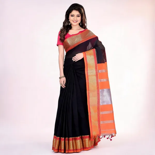 Black_Orange_Cotton_Silk_Handloom_Zari_Saree_With_Blouse_For_Women