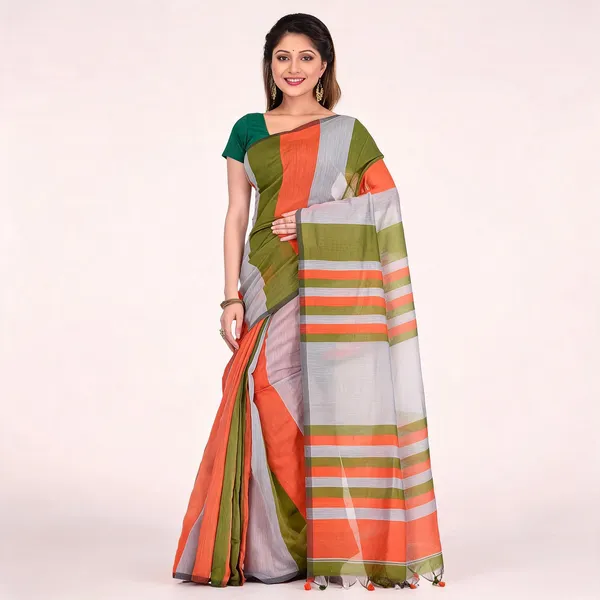 Orange_Green_Cotton_Silk_Handloom_Kalamkari_Saree_For_Women