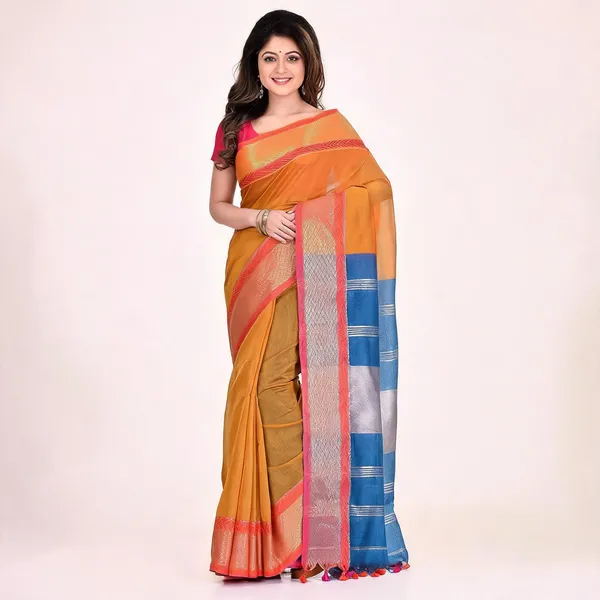 Yellow_Blue_Cotton_Silk_Handloom_Saree_With_Blouse_Piece_For_Women