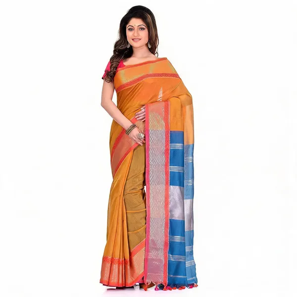 Yellow_Blue_Cotton_Silk_Handloom_Saree_With_Blouse_Piece_For_Women