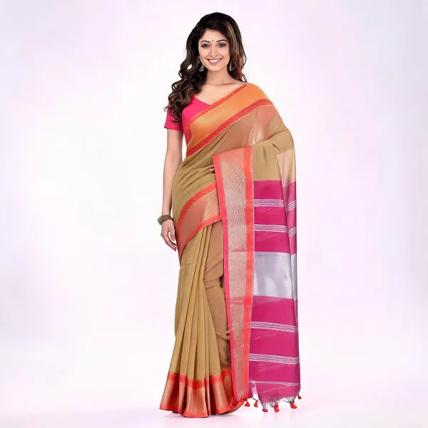 Khaki_Pink_Cotton_Silk_Handloom_Saree_With_Blouse_Piece_For_Women