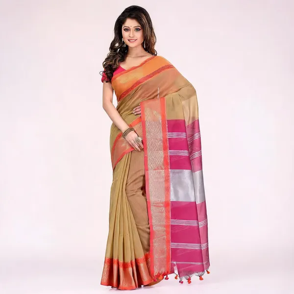 Khaki_Pink_Cotton_Silk_Handloom_Saree_With_Blouse_Piece_For_Women