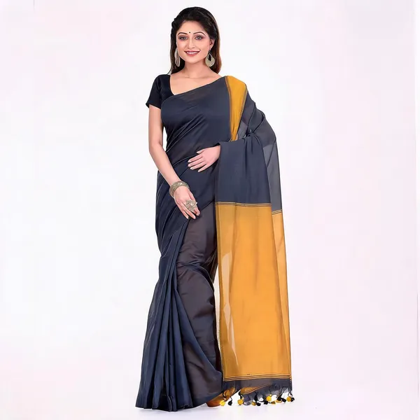 Dark_Grey_Yellow_Cotton_Silk_Ghicha_Handloom_Saree_With_Blouse_Piece_For_Women