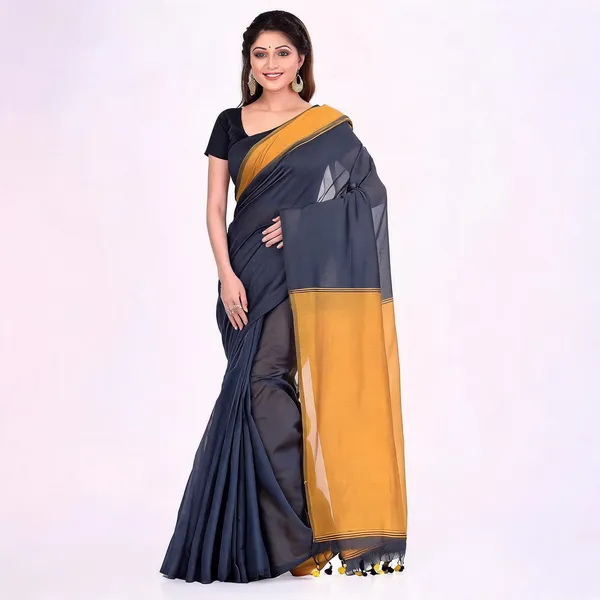 Dark_Grey_Yellow_Cotton_Silk_Ghicha_Handloom_Saree_With_Blouse_Piece_For_Women