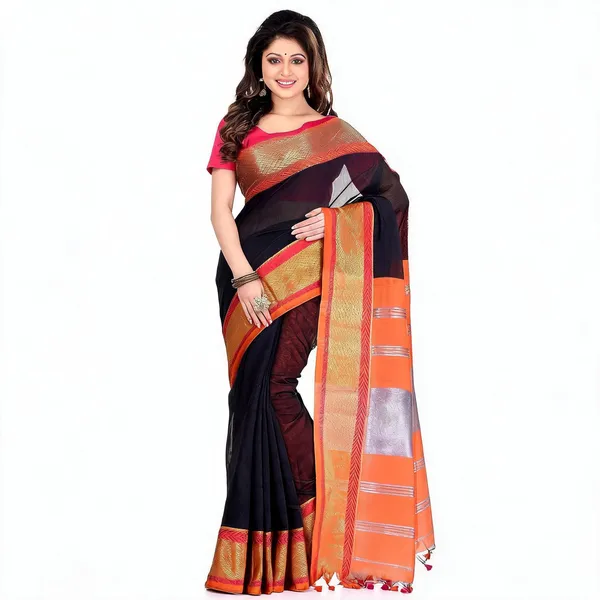 Black_Orange_Cotton_Silk_Handloom_Zari_Saree_With_Blouse_Piece_For_Women