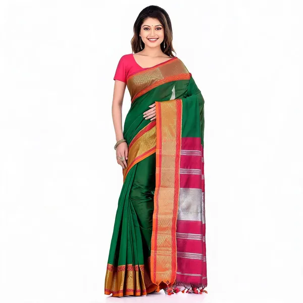 Green_Pink_Cotton_Silk_Handloom_Zari_Saree_With_Blouse_For_Women