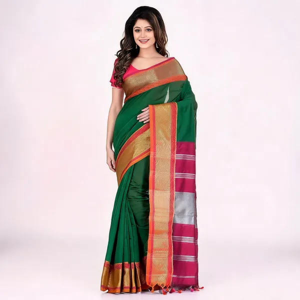 Green_Pink_Cotton_Silk_Handloom_Zari_Saree_With_Blouse_For_Women
