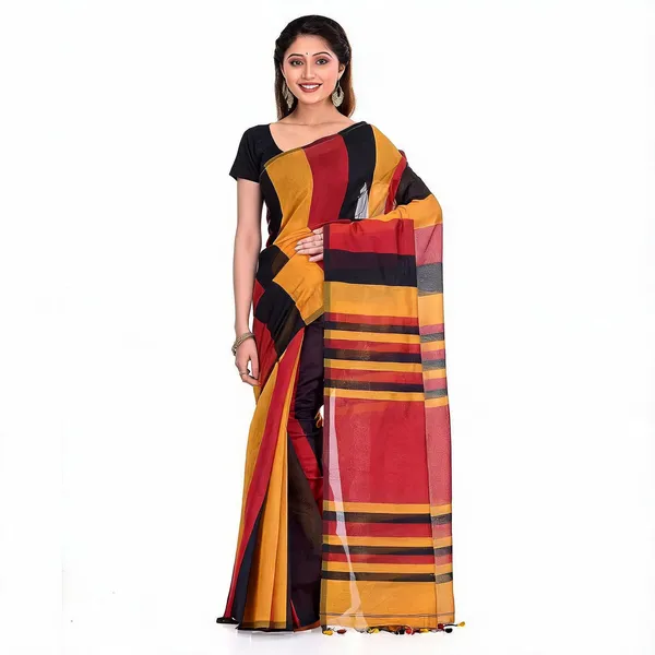 Black_Yellow_Red_Cotton_Silk_Handloom_Saree_With_Blouse_Piece_For_Women
