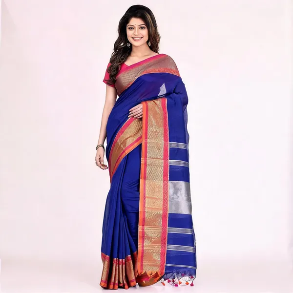 Deep_Blue_Cotton_Silk_Handloom_Saree_With_Blouse_Piece_For_Women