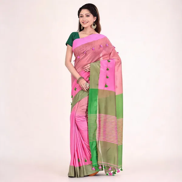Pink_Green_Cotton_Handloom_Pompom_Saree_For_Women