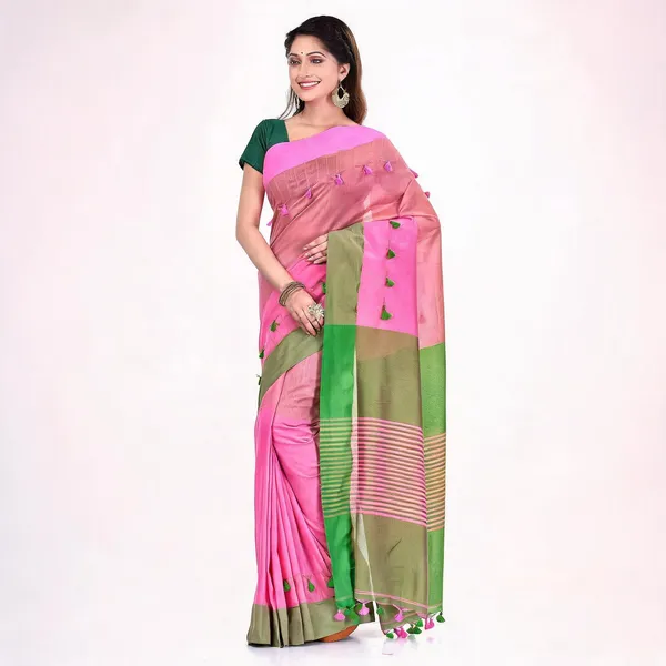 Pink_Green_Cotton_Handloom_Pompom_Saree_For_Women