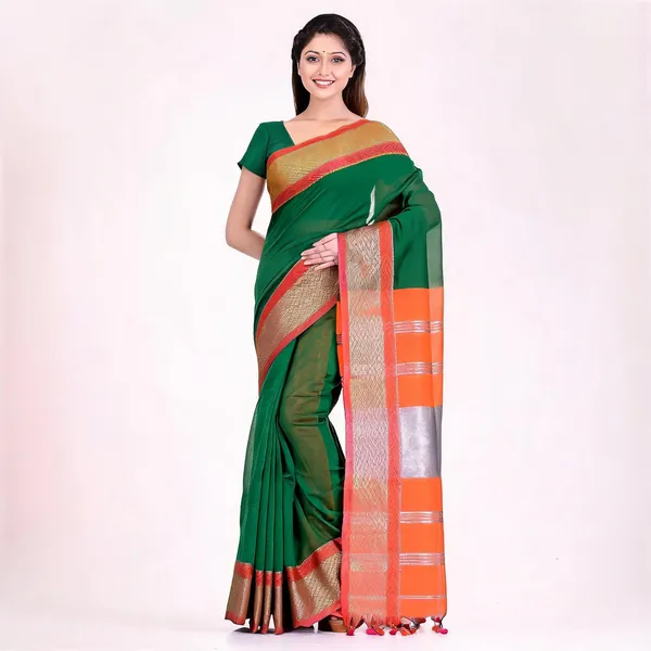 Green_Orange_Cotton_Silk_Handloom_Zari_Saree_With_Blouse_For_Women