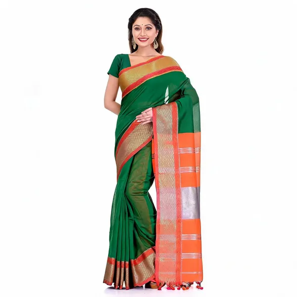 Green_Orange_Cotton_Silk_Handloom_Zari_Saree_With_Blouse_For_Women