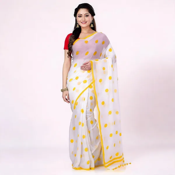 Yellow_White_Cotton_Polka_Dot_Woven_Handloom_Saree_For_Women