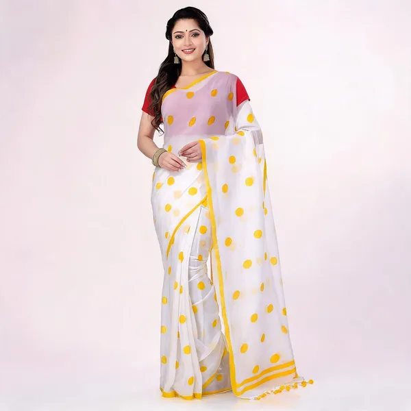 Yellow_White_Cotton_Polka_Dot_Woven_Handloom_Saree_For_Women