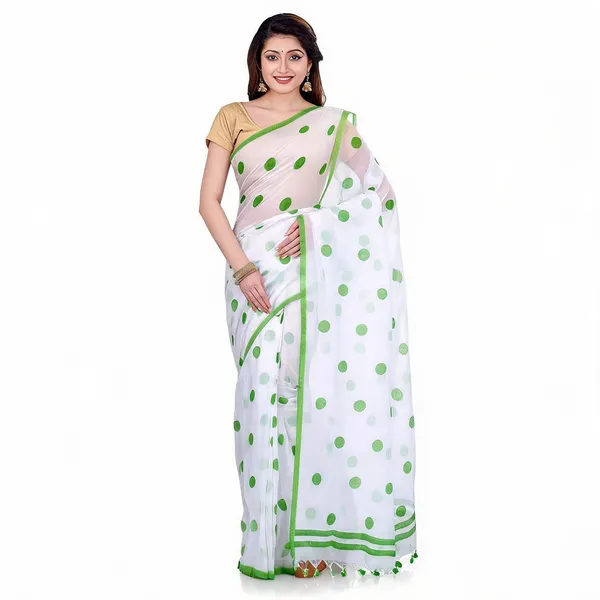 Green_White_Cotton_Handloom_Polka_Dots_Saree_For_Women