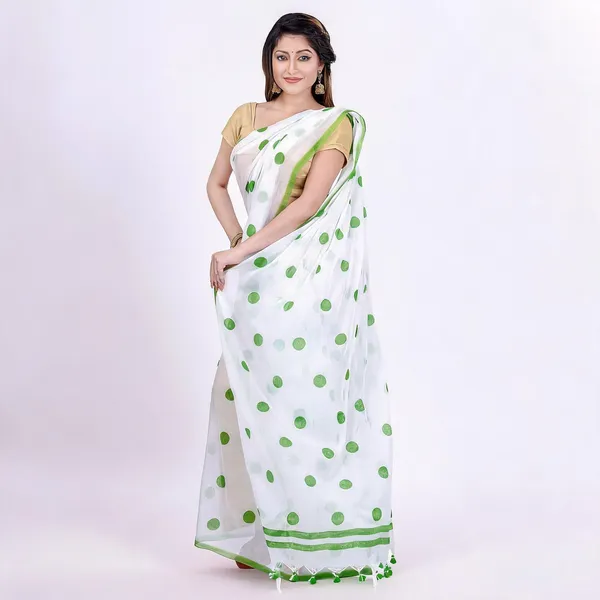 Green_White_Cotton_Handloom_Polka_Dots_Saree_For_Women