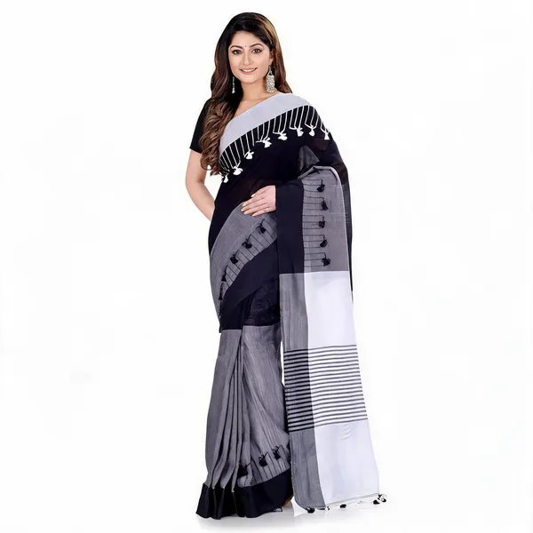 Black_Grey_White_Cotton_Handloom_Pompom_Saree_For_Women