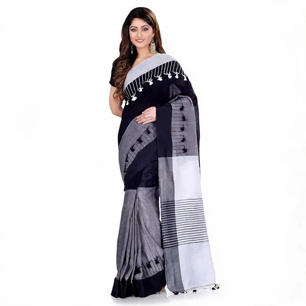 Black_Grey_White_Cotton_Handloom_Pompom_Saree_For_Women