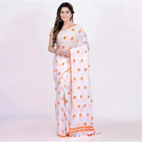 Orange_White_Cotton_Handloom_Polka_Dots_Saree_For_Women