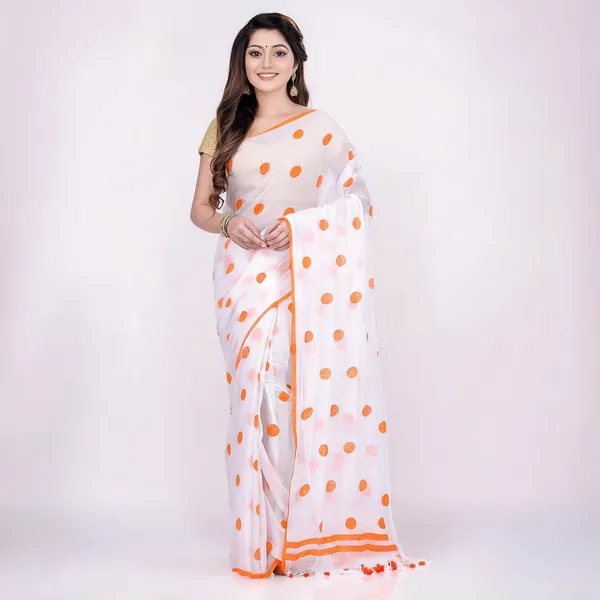 Orange_White_Cotton_Handloom_Polka_Dots_Saree_For_Women