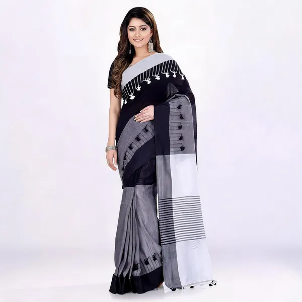 Deep_Black_Grey_Cotton_Handloom_Pompom_Saree_With_Blouse_Piece_For_Women