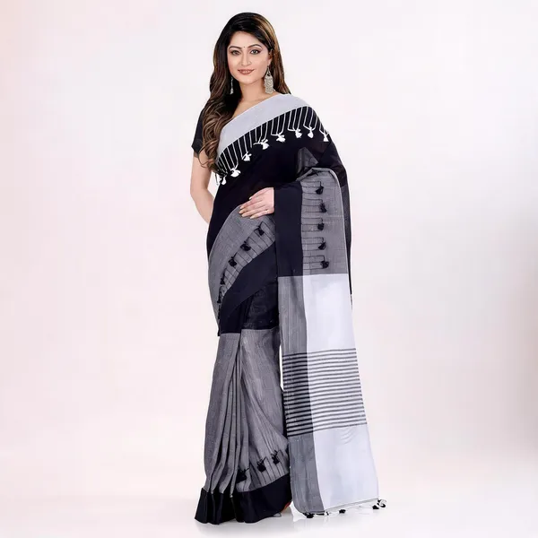 Deep_Black_Grey_Cotton_Handloom_Pompom_Saree_With_Blouse_Piece_For_Women