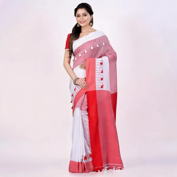 Red_White_Cotton_Handloom_Pompom_Saree_For_Women