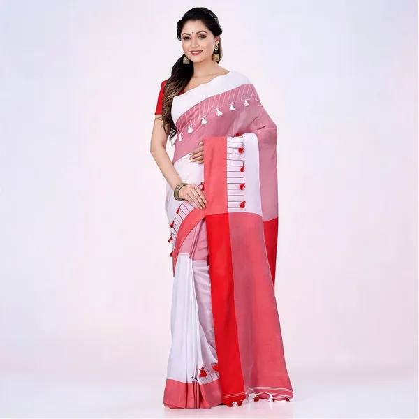 Red_White_Cotton_Handloom_Pompom_Saree_For_Women