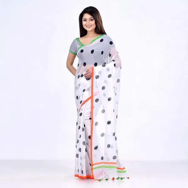 White_Blue_Cotton_Mulmul_Woven_Polka_Dots_Saree_For_Women