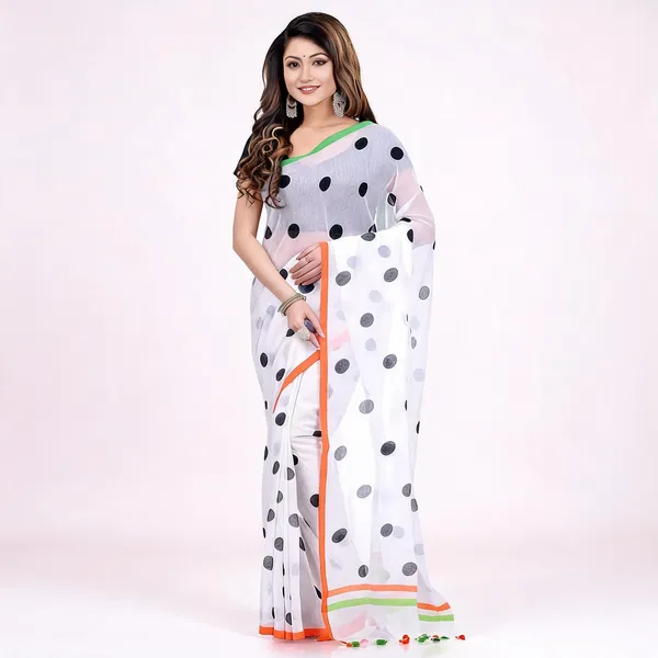 White_Blue_Cotton_Mulmul_Woven_Polka_Dots_Saree_For_Women