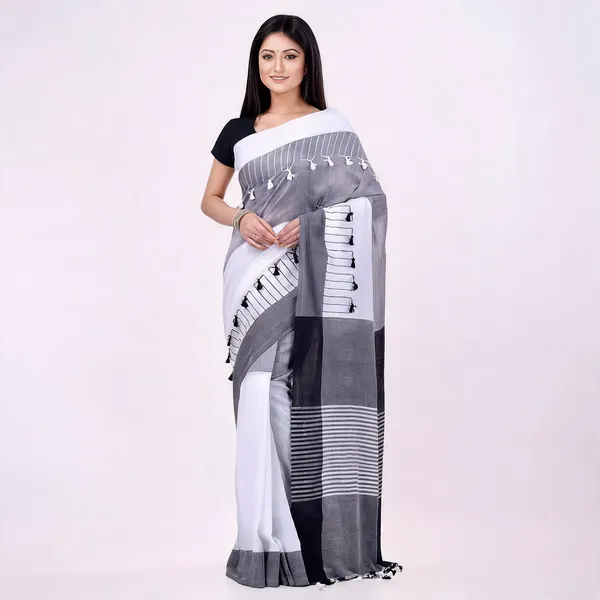 Black_Grey_White_Cotton_Handloom_Pompom_Saree_For_Women