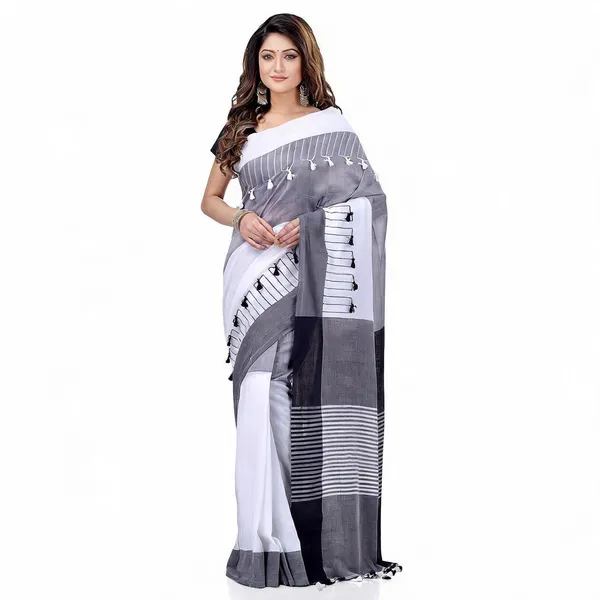 Black_Grey_White_Cotton_Handloom_Pompom_Saree_For_Women