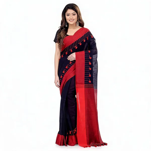 Red_Black_Cotton_Jamdani_Print_Pompom_Saree_For_Women