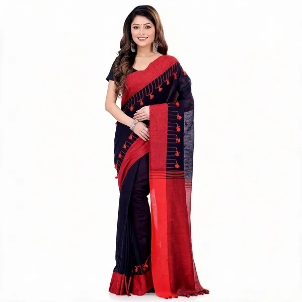 Red_Black_Cotton_Jamdani_Print_Pompom_Saree_For_Women