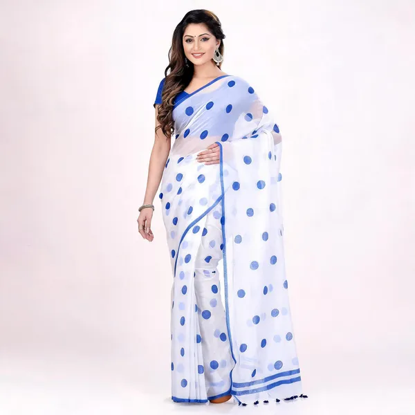 Blue_White_Cotton_Malmal_Polka_Dots_Woven_Saree_For_Women