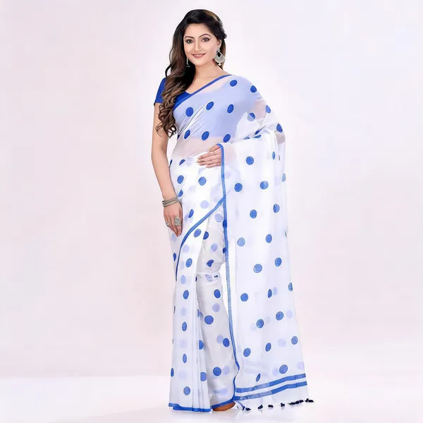Blue_White_Cotton_Malmal_Polka_Dots_Woven_Saree_For_Women