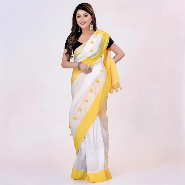 Yellow_White_Cotton_Striped_Pompom_Saree_For_Women