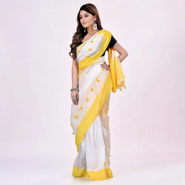 Yellow_White_Cotton_Striped_Pompom_Saree_For_Women