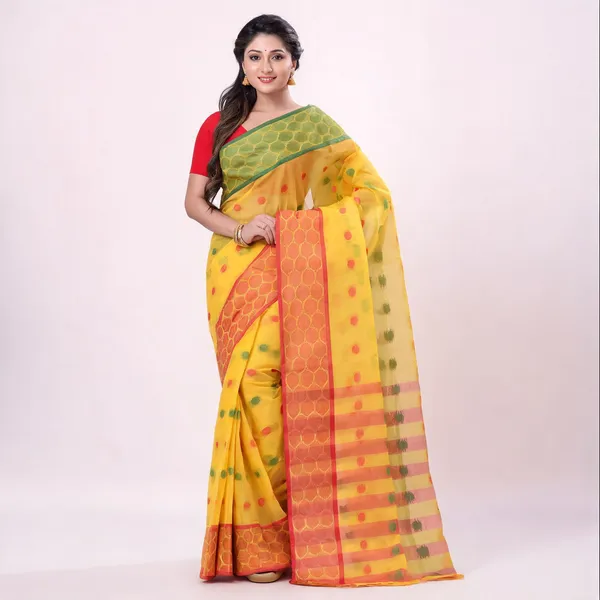 Green_Yellow_Red_Cotton_Tant_Handloom_Zari_Saree_For_Women