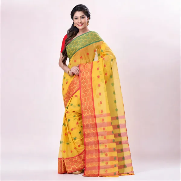 Green_Yellow_Red_Cotton_Tant_Handloom_Zari_Saree_For_Women