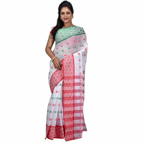 Green_White_Red_Cotton_Tant_Handloom_Zari_Saree_For_Women