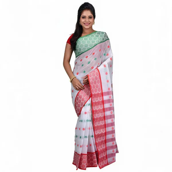 Green_White_Red_Cotton_Tant_Handloom_Zari_Saree_For_Women