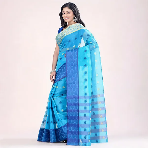 Sky_Blue_Golden_Cotton_Tant_Handloom_Zari_Saree_For_Women