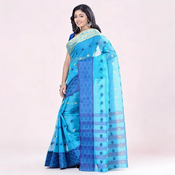 Sky_Blue_Golden_Cotton_Tant_Handloom_Zari_Saree_For_Women