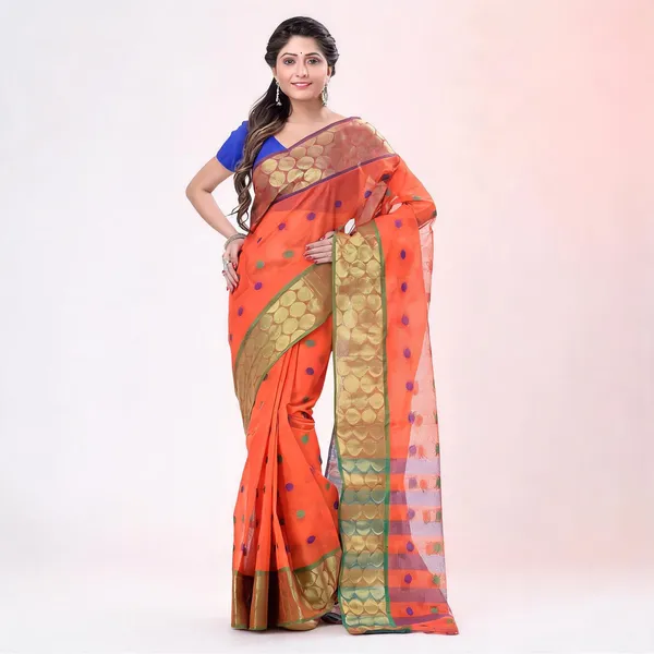 Orange_Black_Green_Cotton_Tant_Handloom_Zari_Saree_For_Women