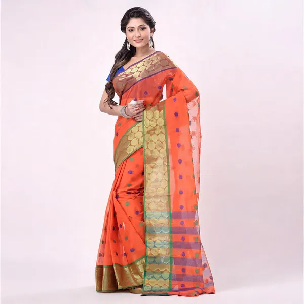 Orange_Black_Green_Cotton_Tant_Handloom_Zari_Saree_For_Women