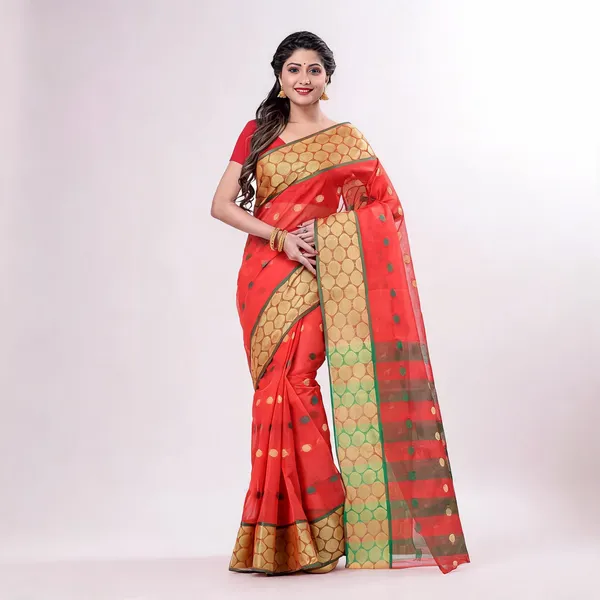 Red_Green_Cotton_Tant_Handloom_Zari_Saree_For_Women